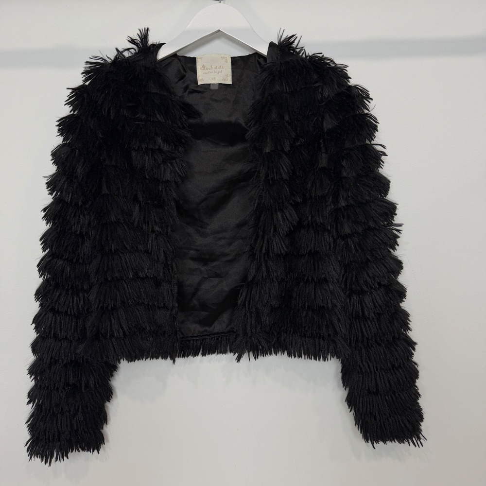 Altar'd State Black Fringe Shaggy Cropped Open Front Jacket XS
